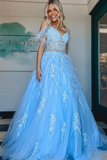 A line V Neck Lace Tulle Prom Dress with Beading and Feather HZ1023