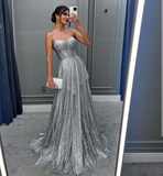 Sexy Spaghetti Strap Shiny A-line Prom Dress Silvery Glitter Sweetheart Party Dresses HZ1023