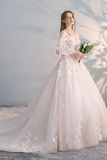Charming Flowers Lace Off Shoulder Ball Gown Wedding Party Dress, Tulle Long Prom Dress HZ1023