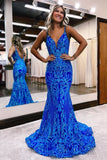 Blue shiny V neck bodycon long elegant sequin ball gown evening dress HZ1023