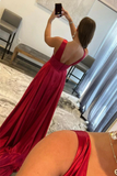 Burgundy V Neck Lace Long Prom Evening Dress With High Slit HZ1023