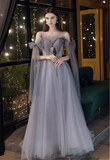 Gray Blue Prom Dress Stunning Glitter Tulle Bridesmaid Dress Long Tulle Sleeves Graduation Dress Illusion Evening Dress Floor Length HZ1023