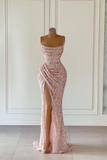 Gorgeous Pink Sequined Sleeveless Prom Dress With Slit HZ1023