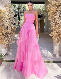 Light pink A-line off-shoulder long ruffled elegant tulle ball gown evening dress HZ1023