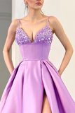 LILAC SPAGHETTI-STRAPS SLEEVELESS PROM DRESS SPLIT LONG WITH SEQUINS HZ1023