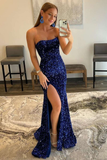 Burgundy Sequin Strapless Mermaid Long Prom Dress HZ1023