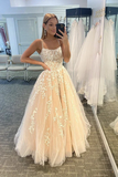 Appliqued Tulle Prom Dresses A-line Spaghetti Straps Gowns HZ1023