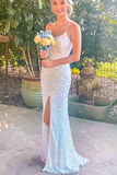 Emerald green/silver/orange/pink/yellow elegant sexy fashion spaghetti strap sequins mermaid slim fit slit long floor length prom dress evening dress party dress HZ1023