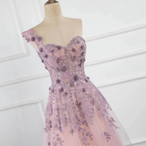 One Shoulder Tulle Sleeveless Long Prom Dresses Lace Appliques Beaded Formal Girl Party Gown HZ1023