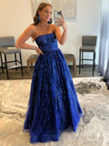 Blue A line tulle sequin long prom dress, blue tulle evening dress HZ1023