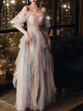 A-Line Prom Dresses Color Block Dress Wedding Party Floor Length Half Sleeve Scoop Neck Tulle with Pleats Ruffles HZ1023