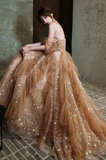 Yellow gorgeous shiny fashion A-line long tulle elegant ball gown evening dress HZ1023