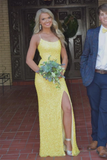 Emerald green/silver/orange/pink/yellow elegant sexy fashion spaghetti strap sequins mermaid slim fit slit long floor length prom dress evening dress party dress HZ1023