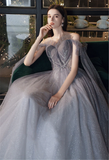 Gray Blue Prom Dress Stunning Glitter Tulle Bridesmaid Dress Long Tulle Sleeves Graduation Dress Illusion Evening Dress Floor Length HZ1023
