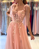 Pink charming heart-shaped sling tulle slit long evening dress HZ1023