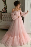 Lavender Off-the-Shoulder A-line Long Tulle Dress HZ1023