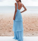 Blue simple fashion elegant V-neck layered chiffon charming long backless ball gown evening dress party dress HZ1023