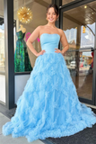 Light Blue Tulle Ruffled Net Streapless Long Prom Dress HZ1023