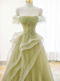 A-Line Off Shoulder Tulle Lace Long Prom Dress, Long Graduation Dress HZ1023