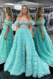 Cold Shoulder Beaded Feathers Tiered Long Prom Dress HZ1023