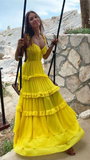 Yellow fashion elegant simple spaghetti strap long chiffon tiered ball gown evening dress party dress HZ1023