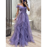 Purple elegant fashion A-line long layered ruffled tulle ball gown evening dress party dress HZ1023