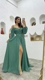 Spaghetti Straps Long Sleeves Green Evening Dress Formal Party Dress With Slit HZ1023