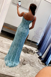 Aqua Blue Mermaid Spaghetti Straps Sequin-Embroidered Long Prom Gown with Slit HZ1023