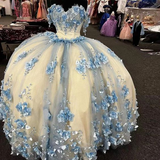 Blue long prom dress quinceanera dress applique flower party princess sweet 16 years old dress evening dress HZ1023