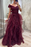 Burgundy Tulle Off Shoulder Tiered Ruffle Evening Maxi Dress HZ1023