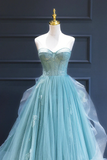 Green Lace Tulle A-Line Long Formal Dress, Green Strapless Evening Dress HZ1023