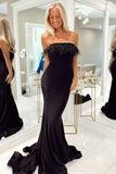 Strapless Black Feathers Mermaid Long Party Dress HZ1023