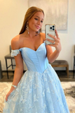 Off Shoulder Light Blue Lace Long Prom Dresses, Light Blue Lace Formal Graduation Evening Dresses HZ1023