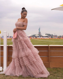 Princess A line Off Shoulder Ruffled Tulle Prom Dress HZ1023