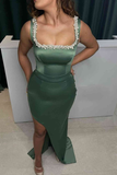 Beaded Green Long Prom Dresses Satin Long Prom Dress HZ1023