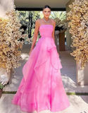 Light pink A-line off-shoulder long ruffled elegant tulle ball gown evening dress HZ1023