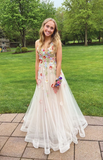 Floral Ivory A-Line Tulle Sleeveless Prom Dress Sweet Party Dress HZ1023