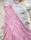 Pink spaghetti strap beaded A-line long elegant ball gown evening dress party dress HZ1023