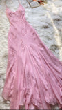 Pink spaghetti strap beaded A-line long elegant ball gown evening dress party dress HZ1023
