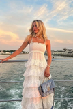 White spaghetti strap A-line long ruffled chiffon ball gown evening dress party dress HZ1023
