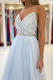 Spaghetti Straps V-Neck Tulle Long Prom Dresses With Beads HZ1023