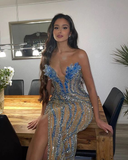 Gorgeous beaded sexy elegant V-neck low-cut long slit prom dress evening gown party dress HZ1023
