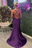 Grape Mermaid Straps Beaded Satin Long Prom Dress with Slit HZ1023