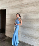 Blue halter neck satin long prom dress HZ1023