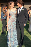 Elegant A Line Floor Length V Neck Spaghetti Straps Long Prom Dresses HZ1023