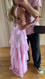 Pink suspenders fashion sweet A-line backless long chiffon tiered ball gown evening dress party dress HZ1023