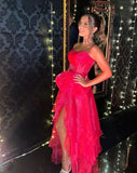 Hot pink sweet elegant bow strapless organza tiered long evening gown formal prom dress party dress HZ1023