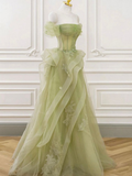 A-Line Off Shoulder Tulle Lace Long Prom Dress, Long Graduation Dress HZ1023