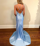 Cute Mermaid V Neck Light Blue Satin Prom Dresses with Beading HZ1023