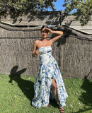 Strapless Print Floral Long Prom Dress Evening Gown HZ1023